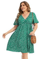  Floral Print Short Sleeve V Neck Dress With Pockets