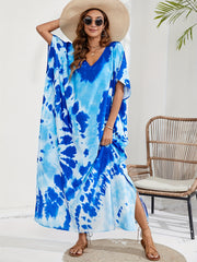  Tie Dye Batwing Sleeve V Neck Maxi Cover Up Dress