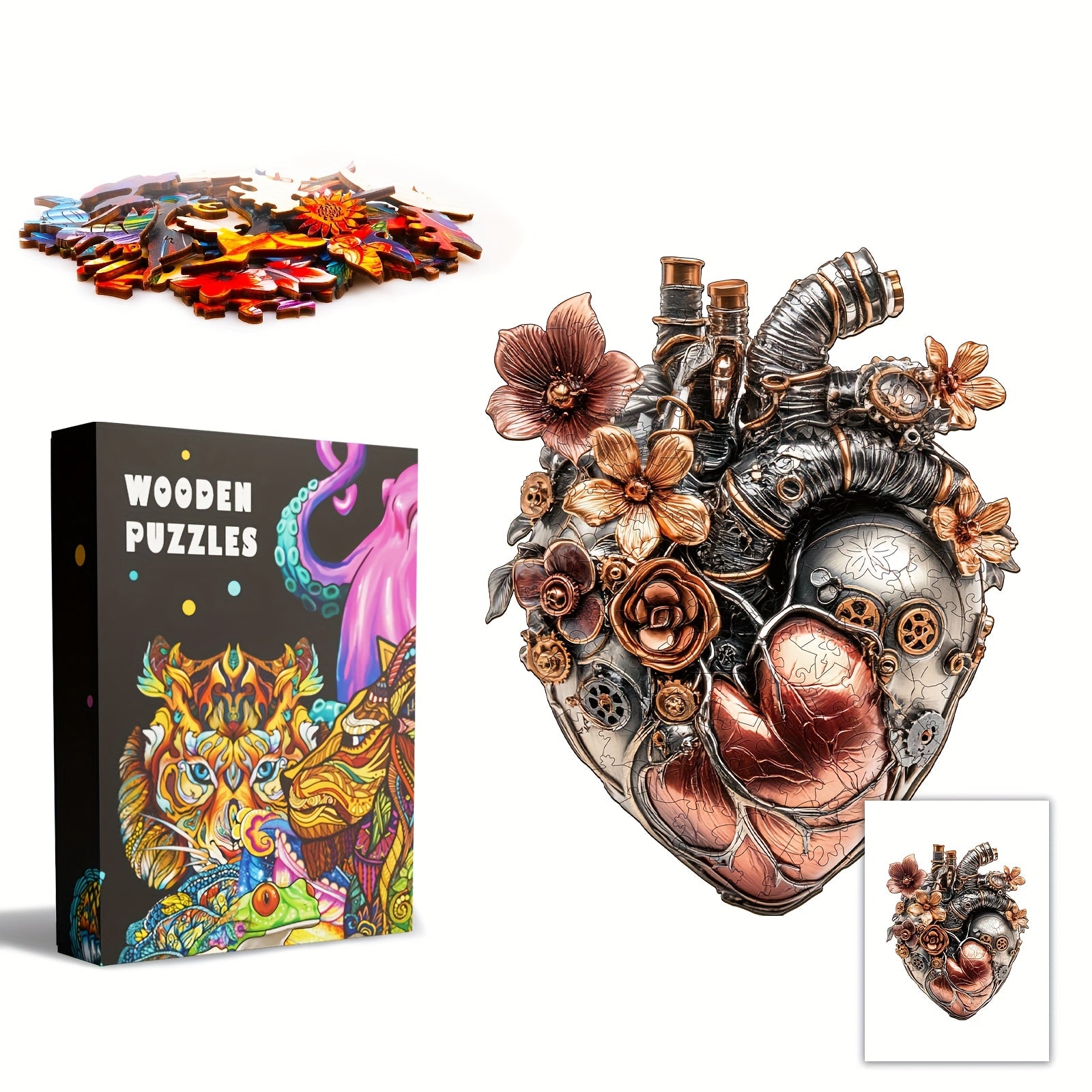 Steampunk Mechanical Heart Wooden Puzzle Floral Gear Brain Teaser for Adults