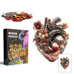 Steampunk Mechanical Heart Wooden Puzzle Floral Gear Brain Teaser for Adults