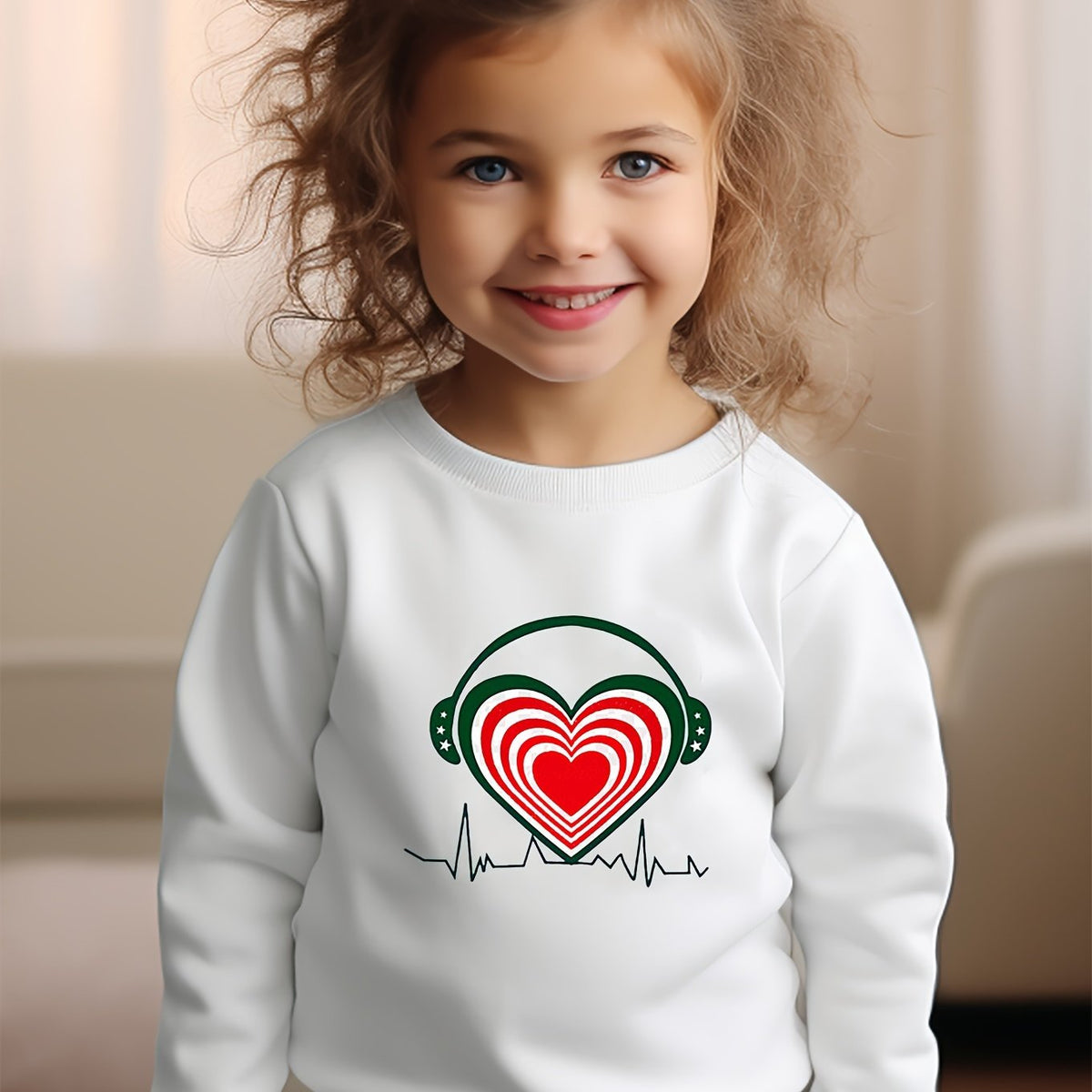 Girls Heart Pattern Crew Neck Long Sleeve Sweatshirt