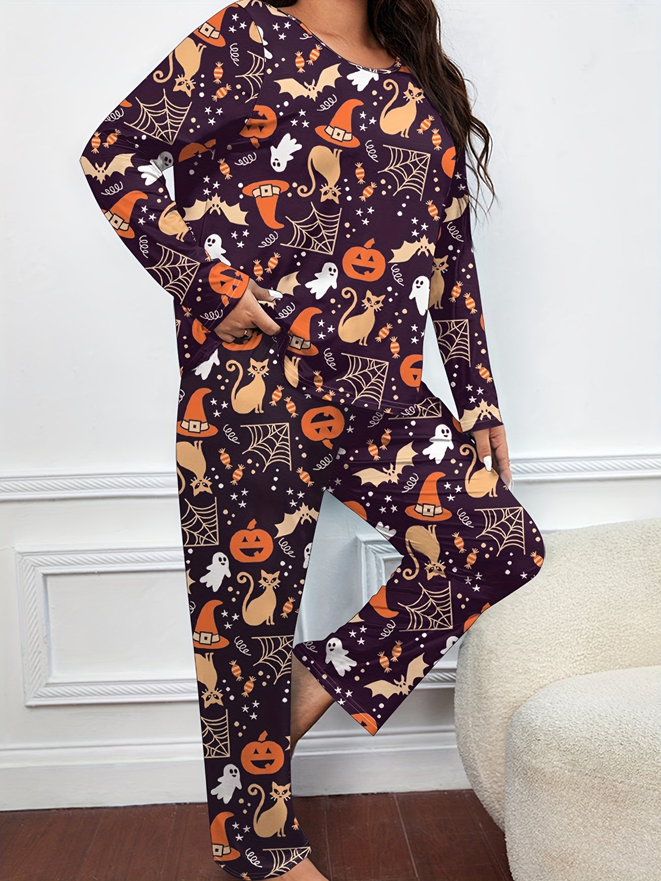  Halloween Pajamas Set Allover Halloween Graphic Tee & Pants Lounge Set