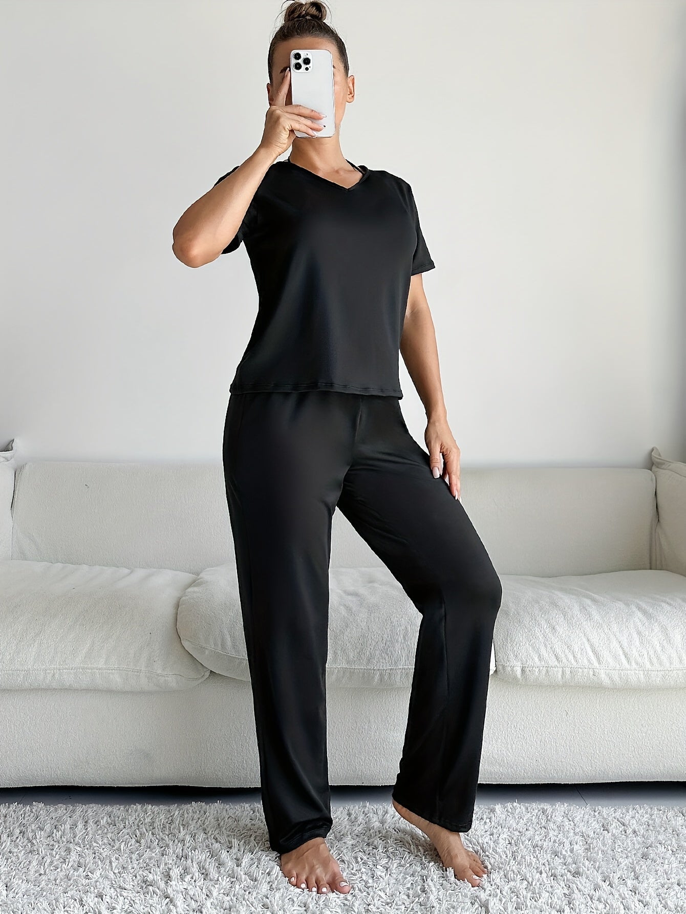Solid Lounge Set V Neck Top & Elastic Waistband Pants Women's Loungewear