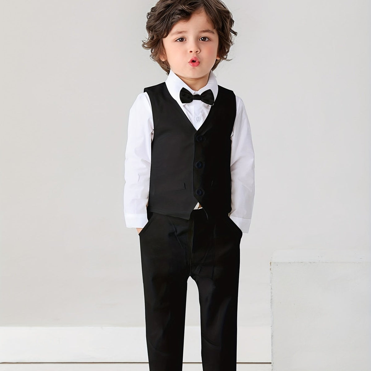 Kids Gentleman Suit 3pcs Dress Shirt Vest And Pants With Bow For Baby Boys