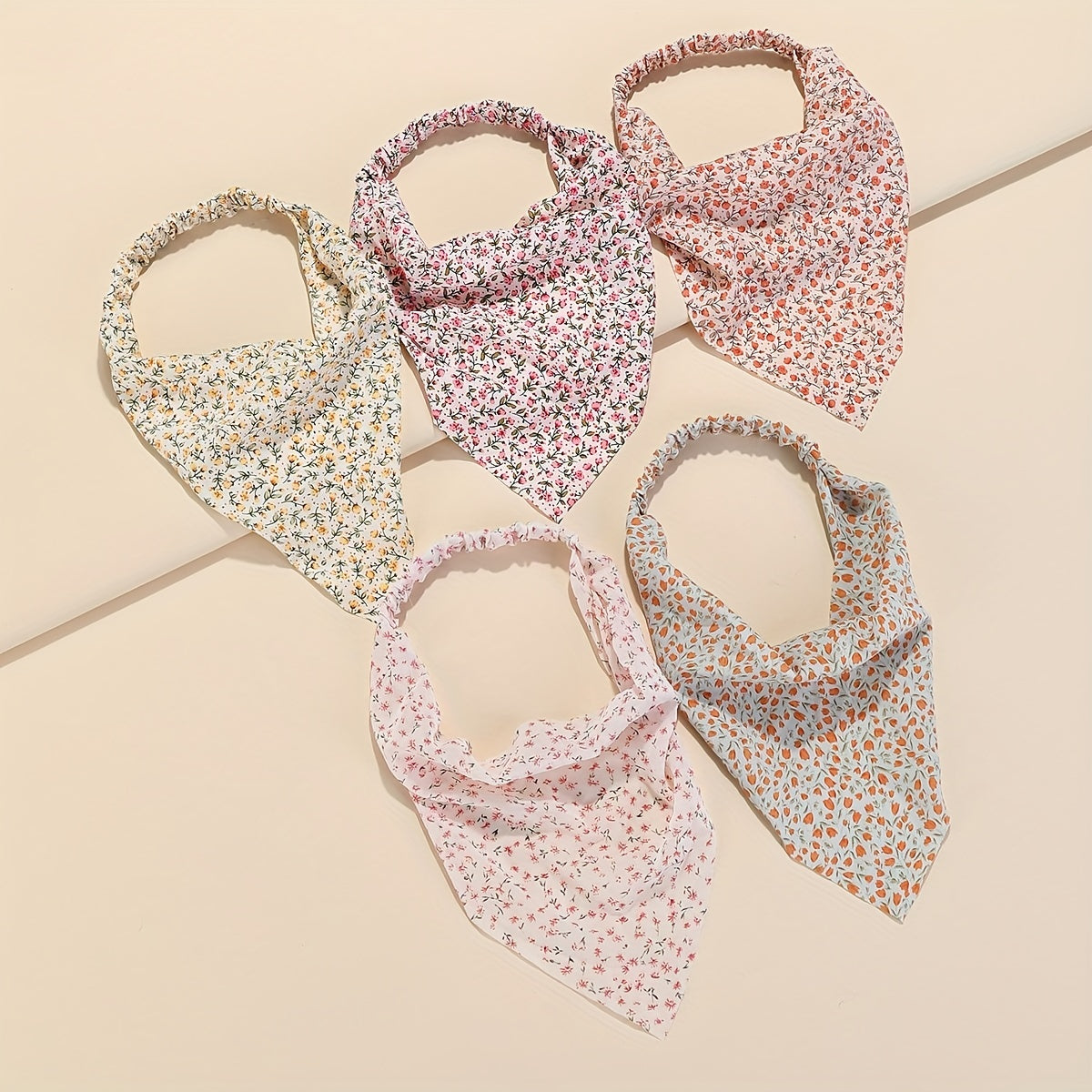 5pcs Floral Print Triangle Scarf Headband Elastic Turban Boho Bandana