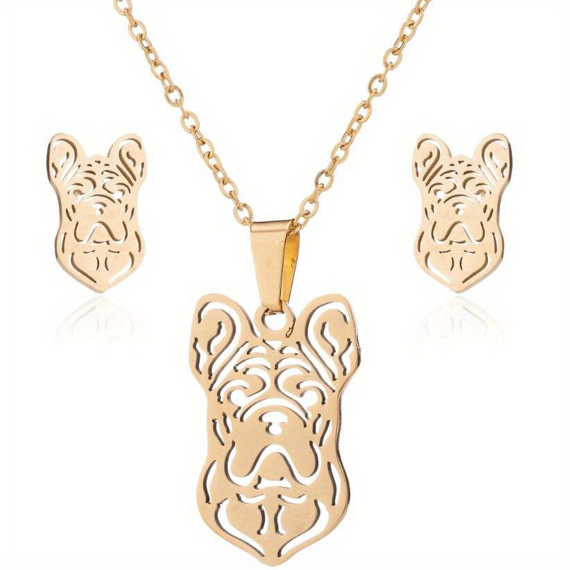 Stainless Steel Origami Cat Necklace and Earrings Set - Animal Pet Jewelry
