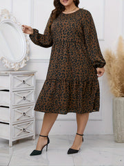  Leopard Print Lantern Sleeve Midi Smock Dress