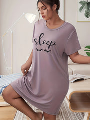  Nightdress Women's Plus Letter & Eyelash Print Short Sleeve