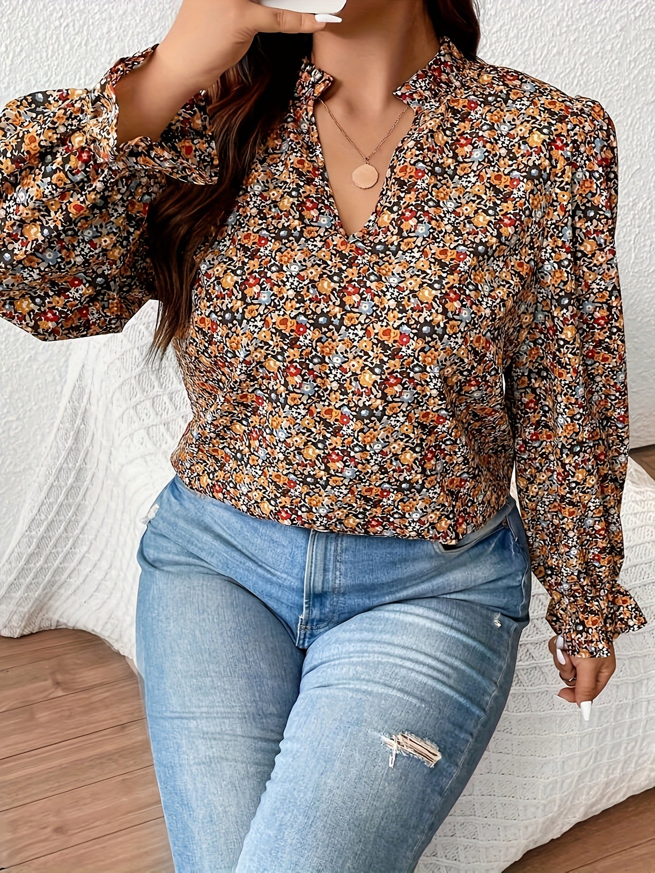  Boho Blouse Women's Ruffle Trim Floral Print Shirt Top