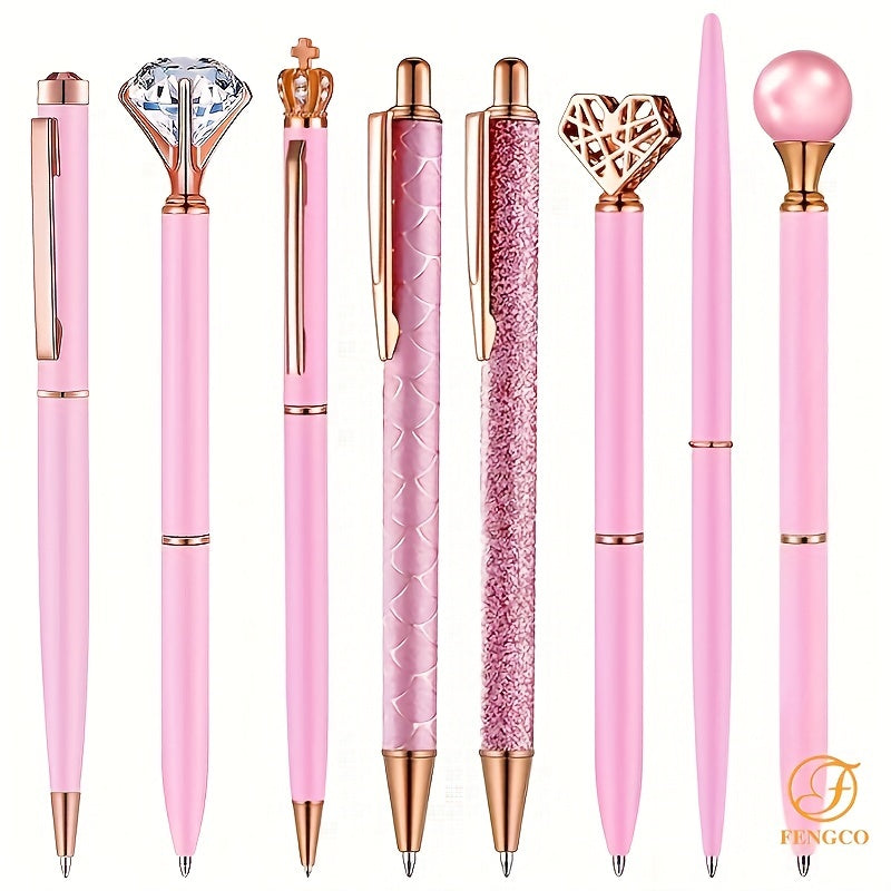 8pcs Pink Ballpoint Pen Set Crystal Diamond Fancy Pens Retractable Ink