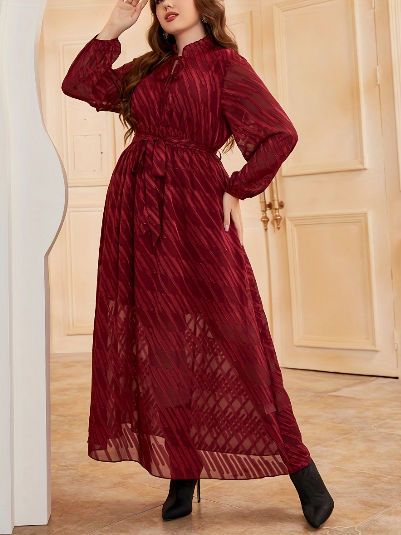  Women's Striped Lantern Sleeve Dress With Belt