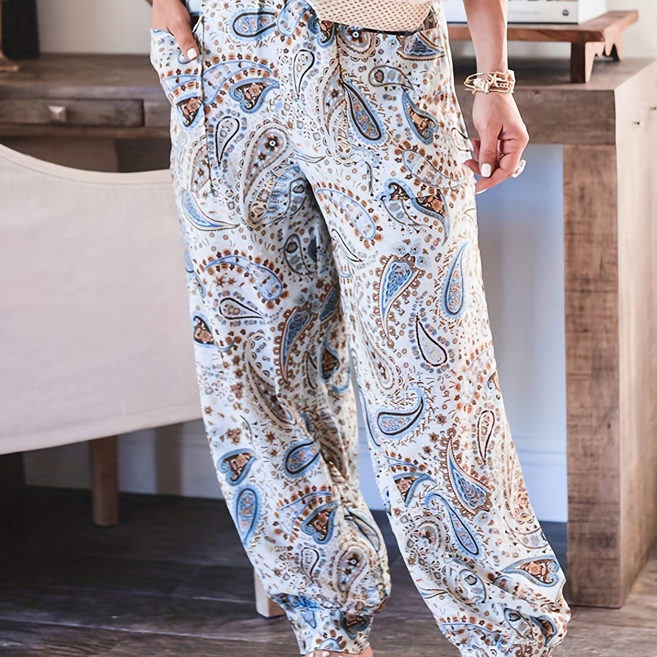 Boho Paisley Print Beach Pants Plus Size with Pockets