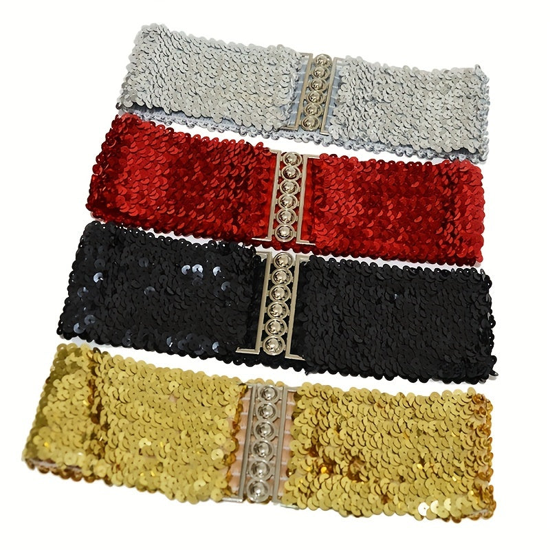 Sparkling Sequins Wide Belt for Women Elastic Dress Coat Waistband