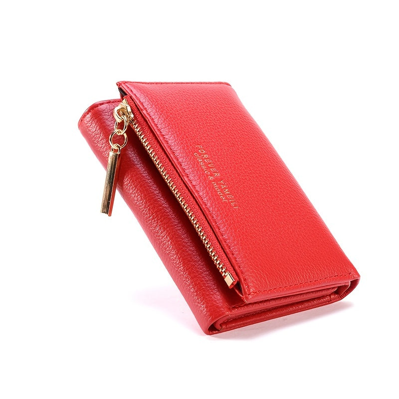 Solid Trifold Faux Leather Coin Purse Zipper Wallet