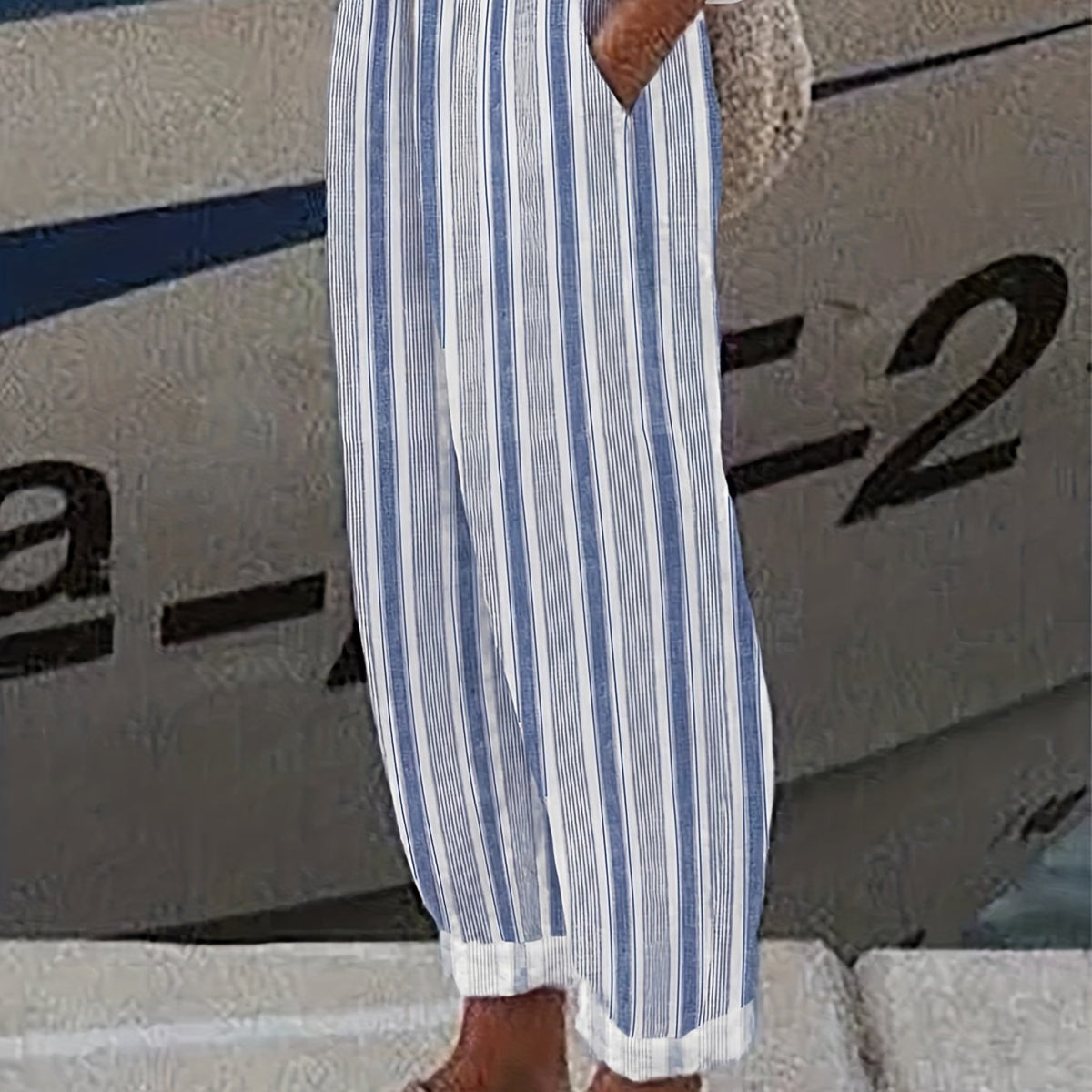 Women's Plus Stripe Print Wide Leg Pants With Pockets