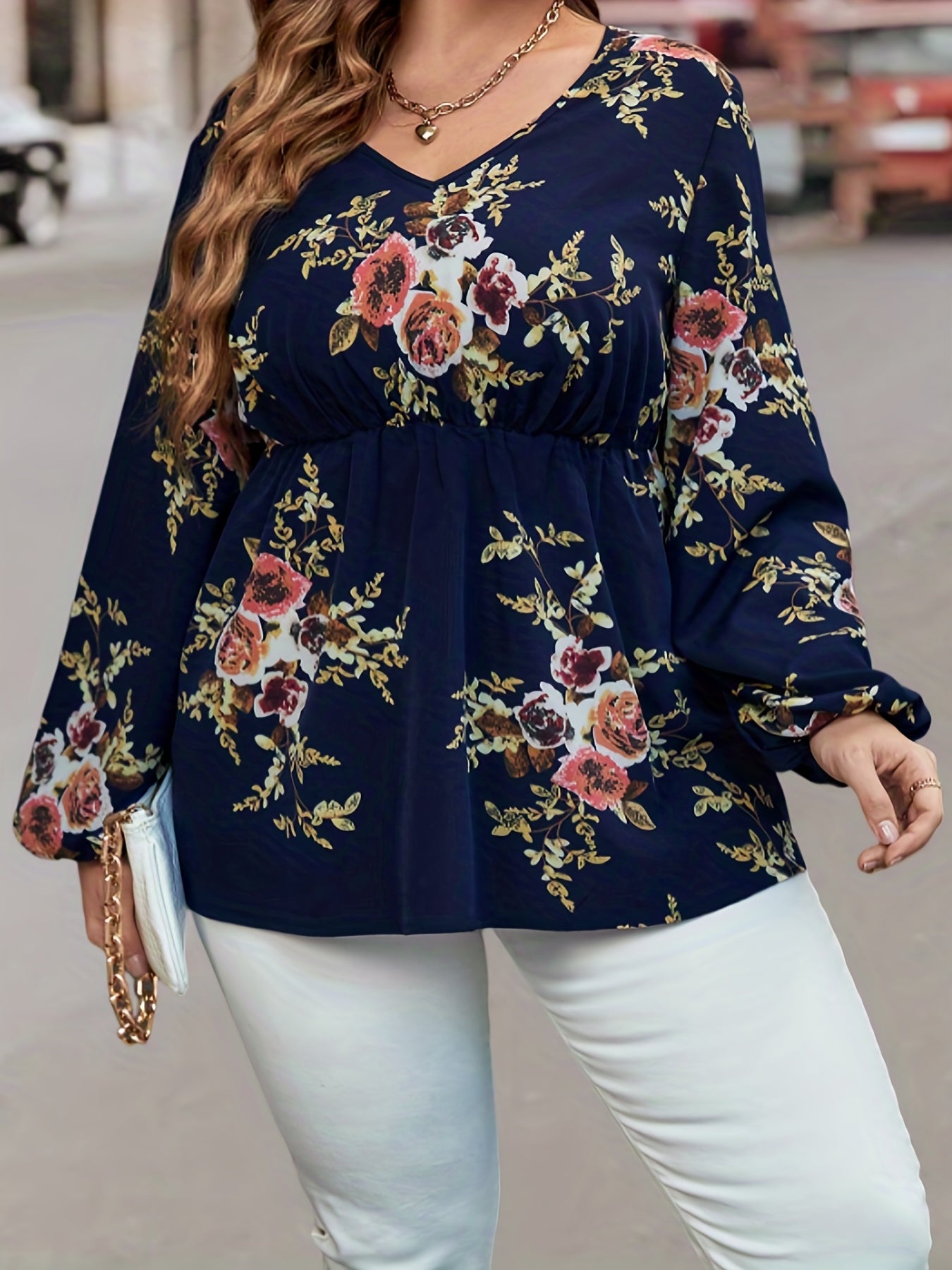  Floral Print Lantern Sleeve V Neck Peplum Top