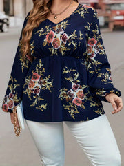  Floral Print Lantern Sleeve V Neck Peplum Top