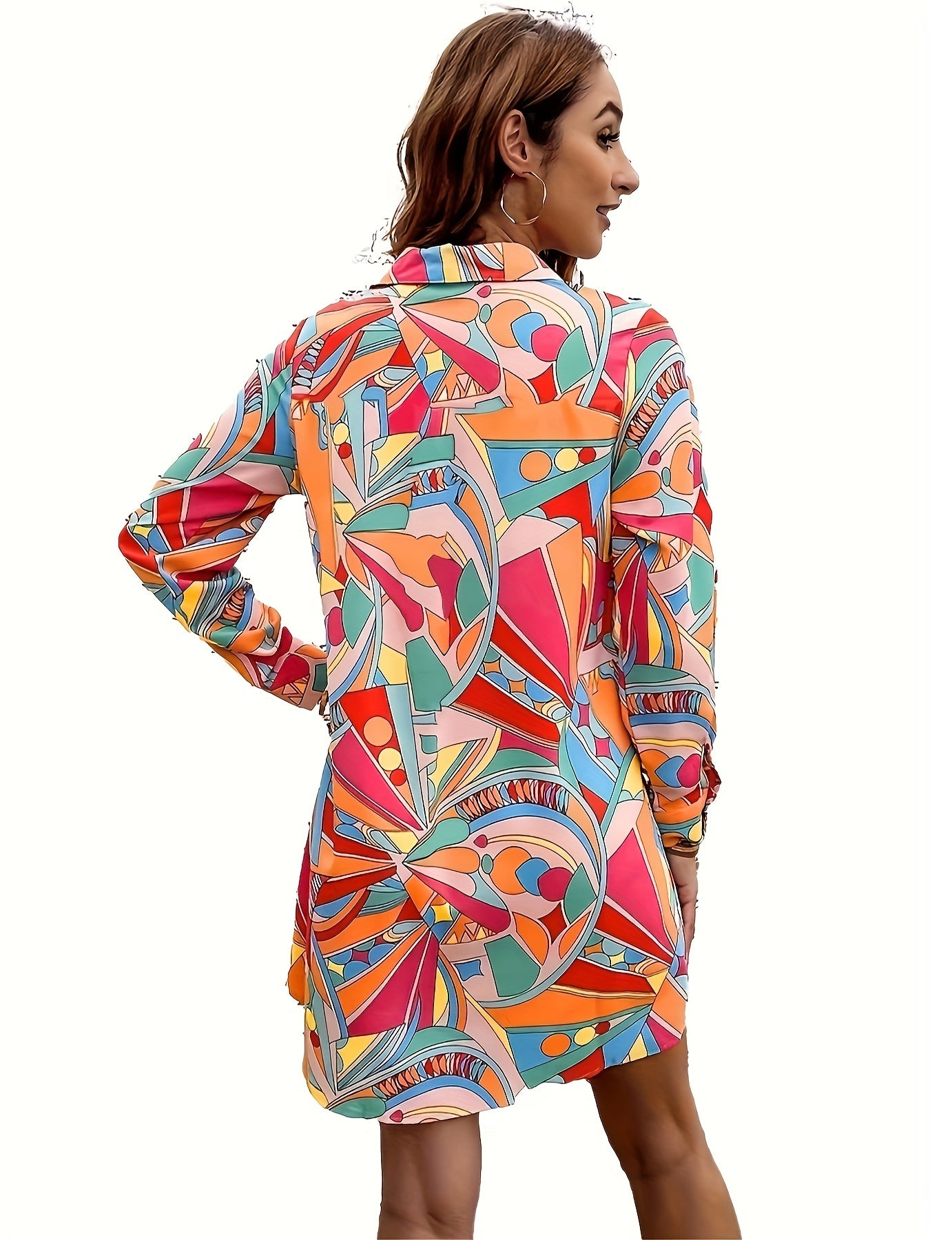  Colorblock Geo Print Long Sleeve Shirt Dress