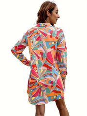  Colorblock Geo Print Long Sleeve Shirt Dress