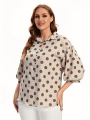  Dot Print Button Up Lantern Sleeve Blouse