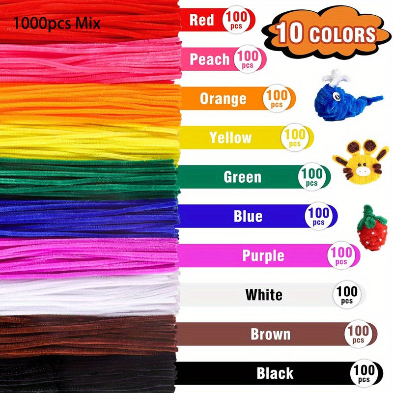 500-1000pcs Pipe Cleaner Bulk 10 Colors 12" x 6mm