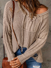  Casual Sweater Solid Chunky Ripped Lace Up Long Sleeve Hooded Pullover