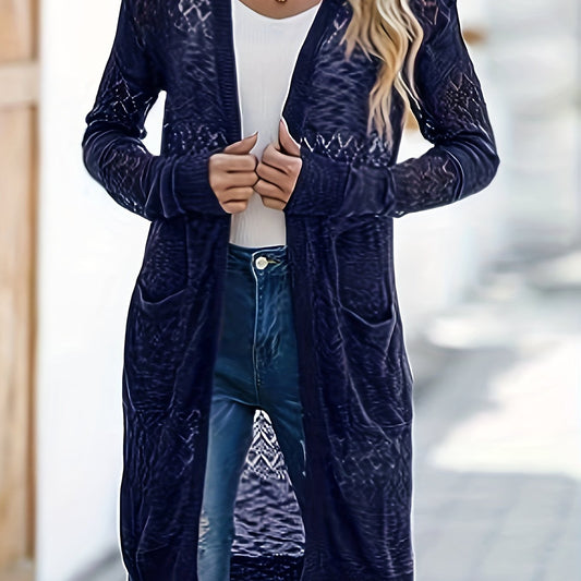  Hollow Out Long Sleeve Cardigan With Pockets