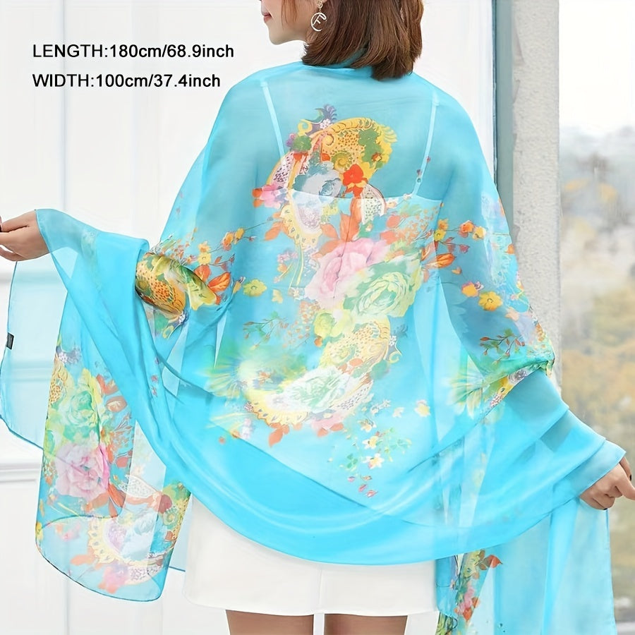 Thin Silk Chiffon Shawl Long Printed Scarf Sunshade Beach Towel