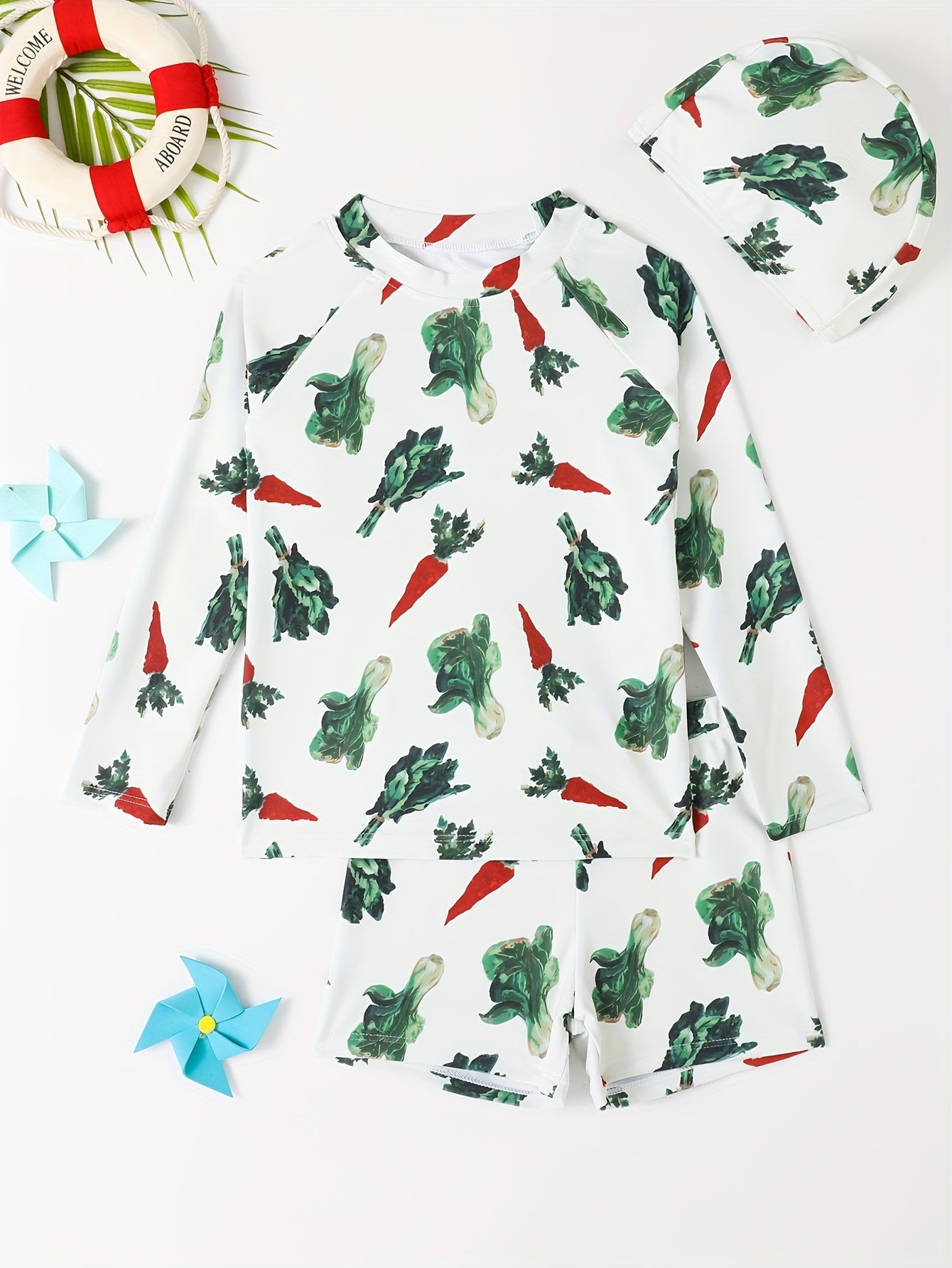 Boy's Vegetable Print Swimsuit Long Sleeve Top & Shorts