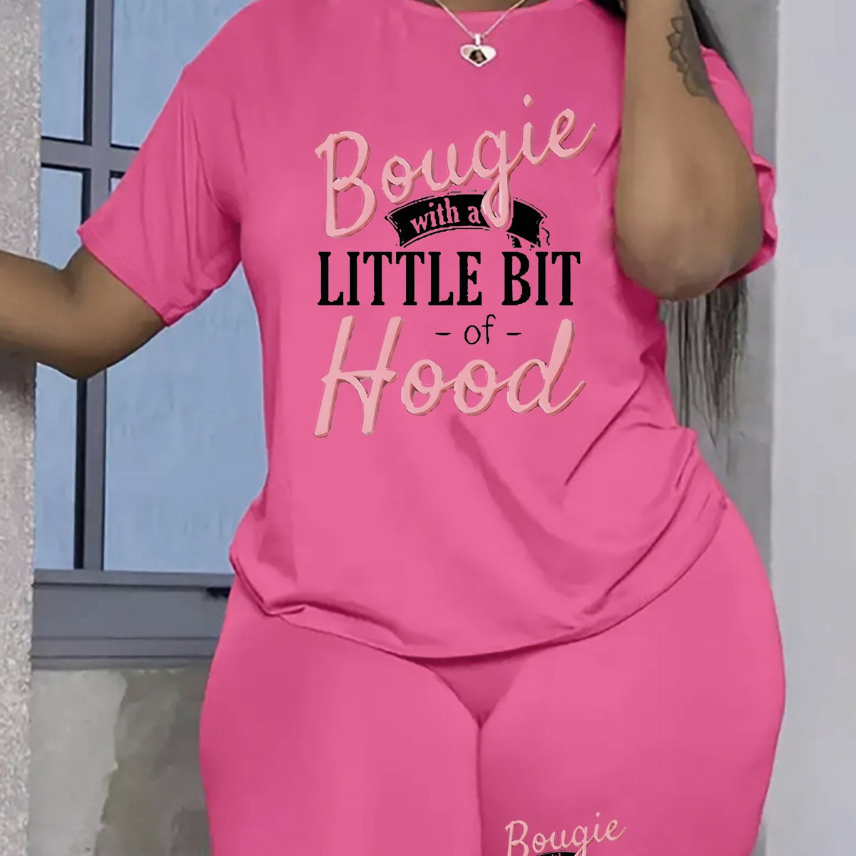 Women's Plus Slogan Print Crop Top & Shorts Set
