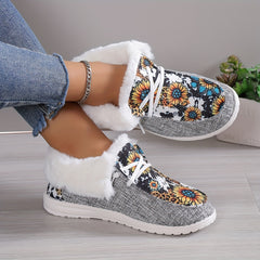 Women's Snow Boots Sunflower Print Plush Lined Slip On Fuzzy Canvas Shoes