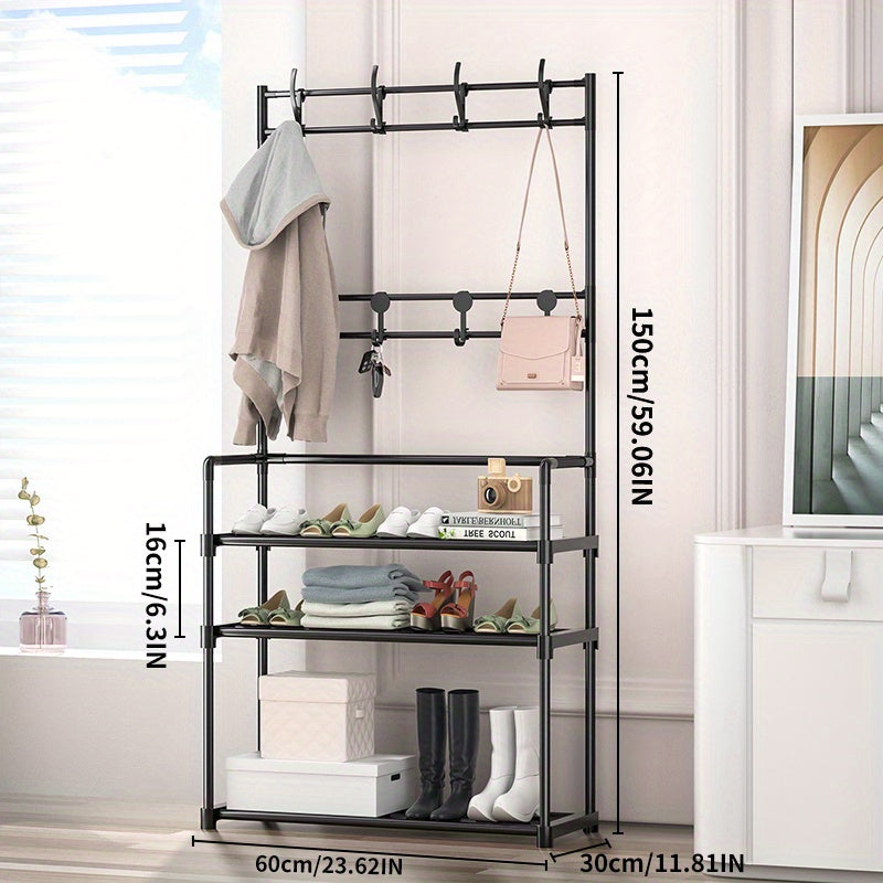 Household Independent Clothes Rack with 3 Shelves & 8 Hooks
