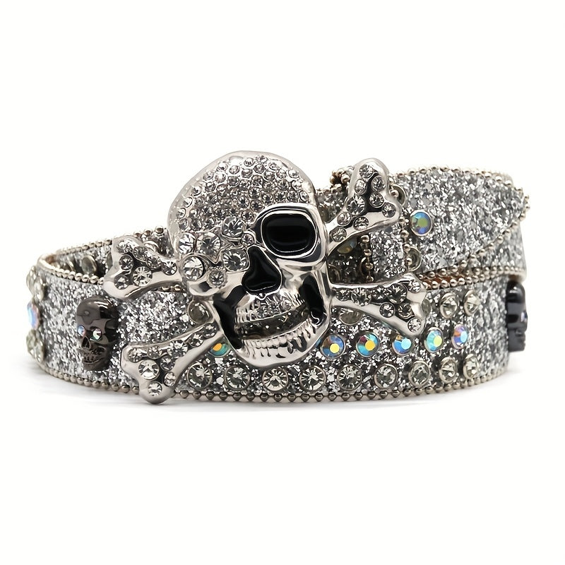 Skull Decor Rhinestone PU Leather Belt Western Cowboy Hip Hop Punk Belt