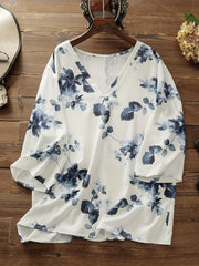  Floral Print V Neck T-shirt