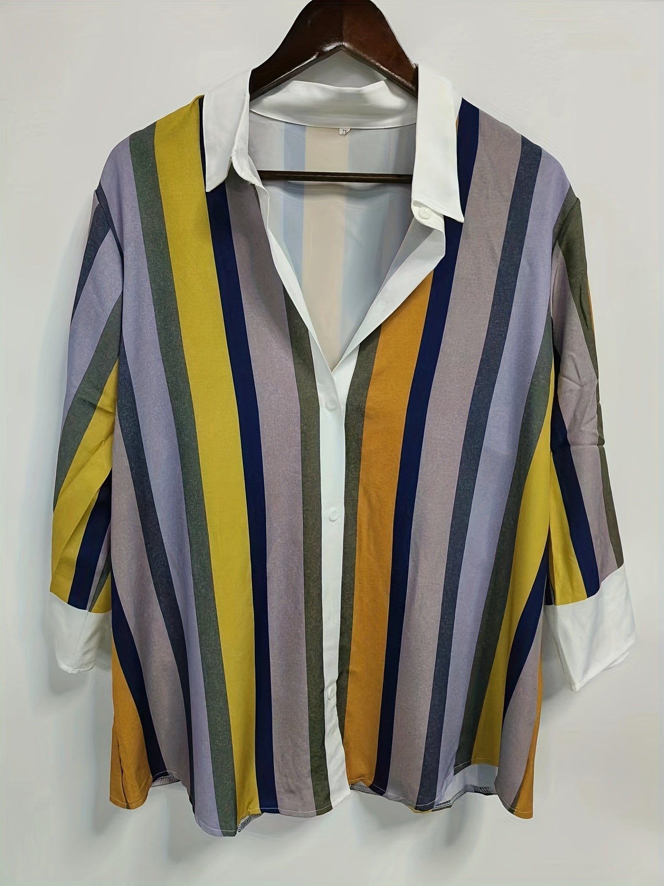  Colorblock Stripe Print Long Sleeve Blouse