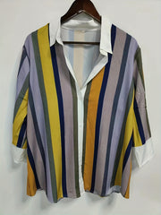  Colorblock Stripe Print Long Sleeve Blouse