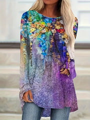  Floral Painting Print Long Sleeve Tee Dress