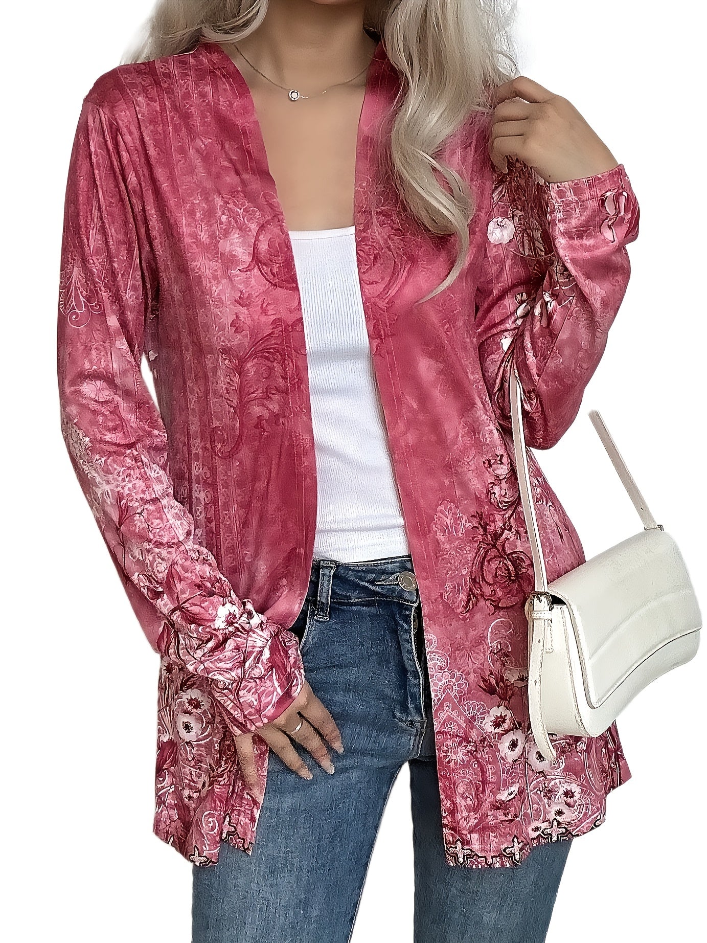  Floral Print Long Sleeve Open Front Cardigan