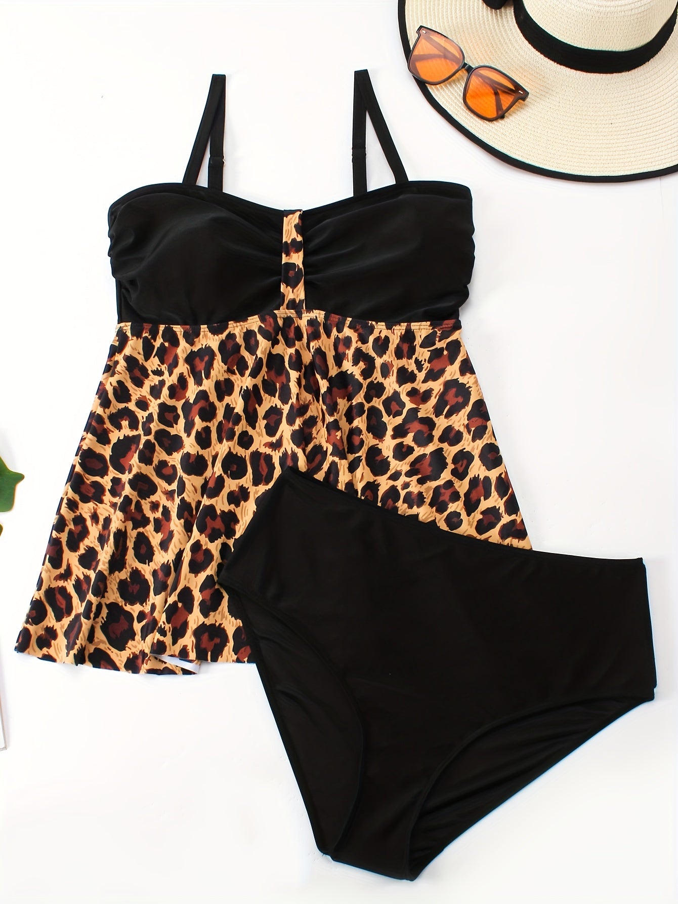  Leopard Print Tankini Set V Neck Ruched Cami Top & Panty Swimsuit