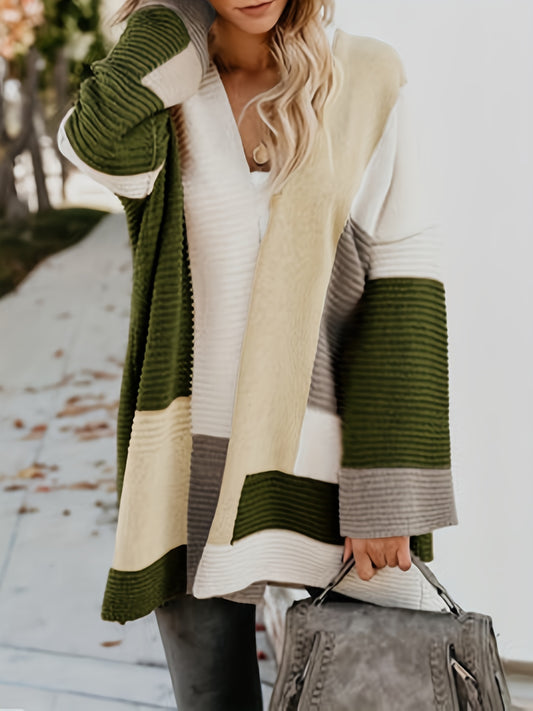  Colorblock Ribbed Long Sleeve Open Front Cardigan
