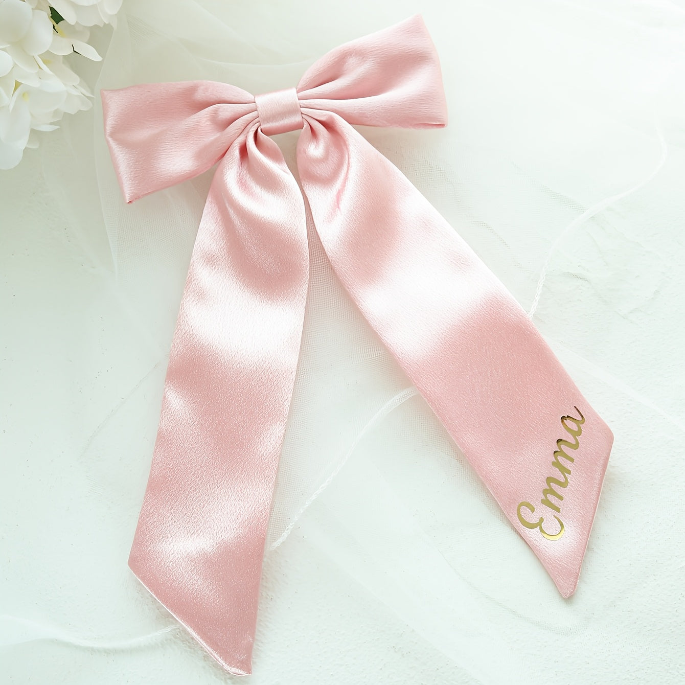 Custom Ivory Satin Hair Bow & Monogram Barrette Bridal Accessory