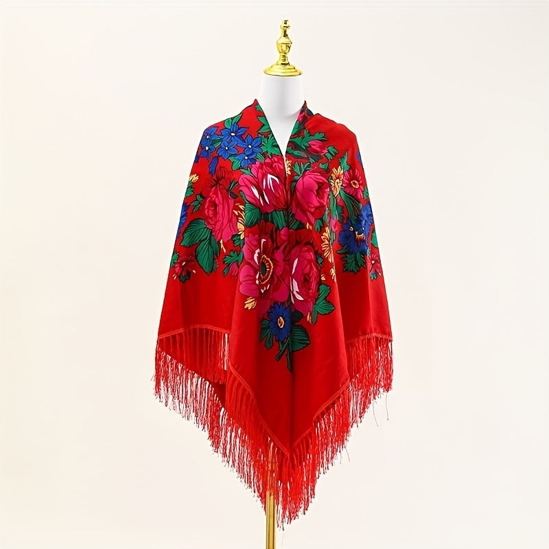 Boho Tassel Shawl Classic Flower Print Square Scarf Vintage Wraps for Women