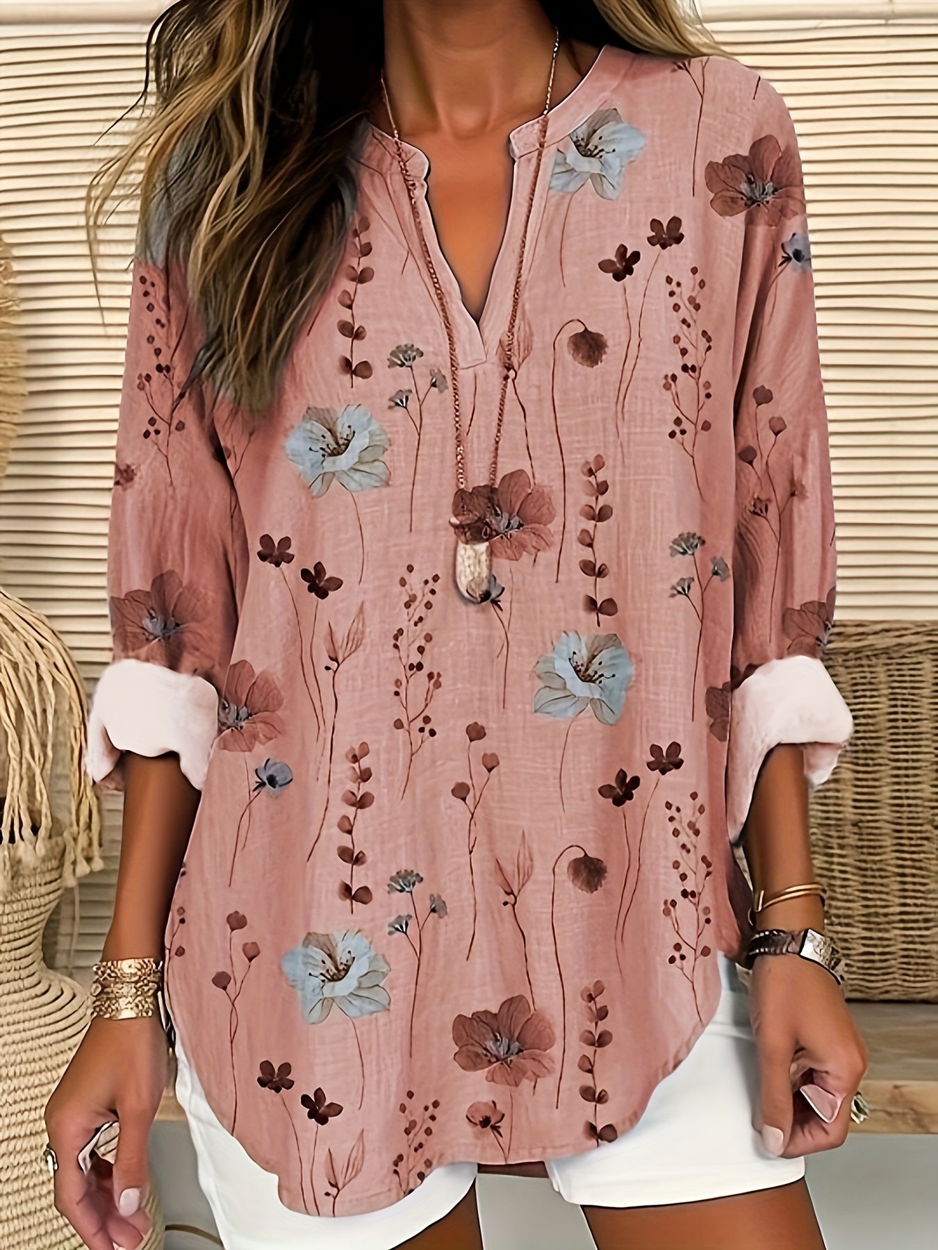  Floral Print Long Sleeve Tunic Shirt