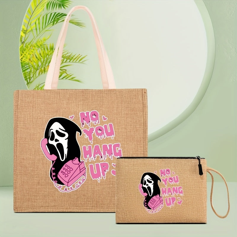 Cartoon Ghost & Letter Pattern Tote Bag Halloween Shoulder Bag