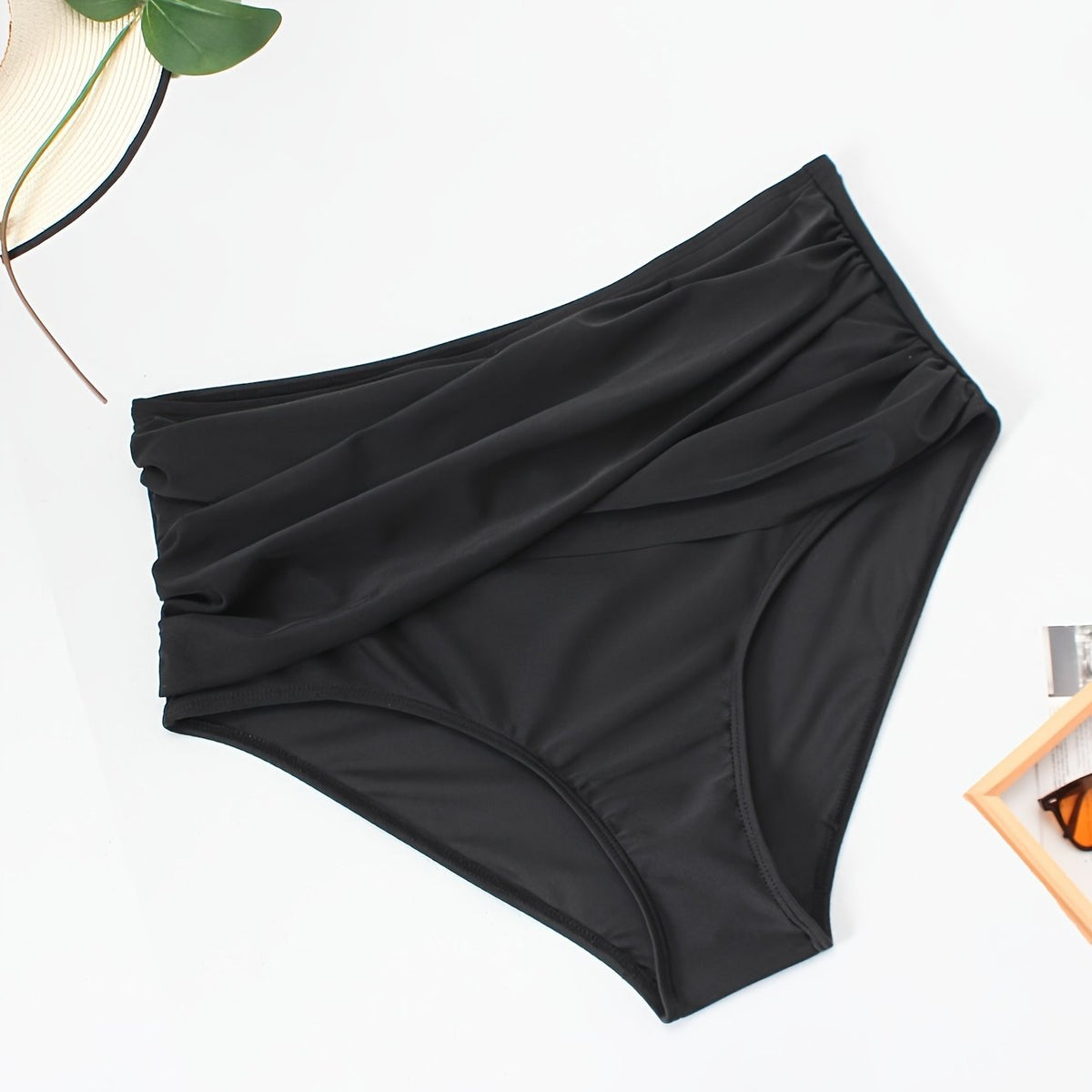  Solid Cross Front Ruched Tummy Control High Rise Swim Panty