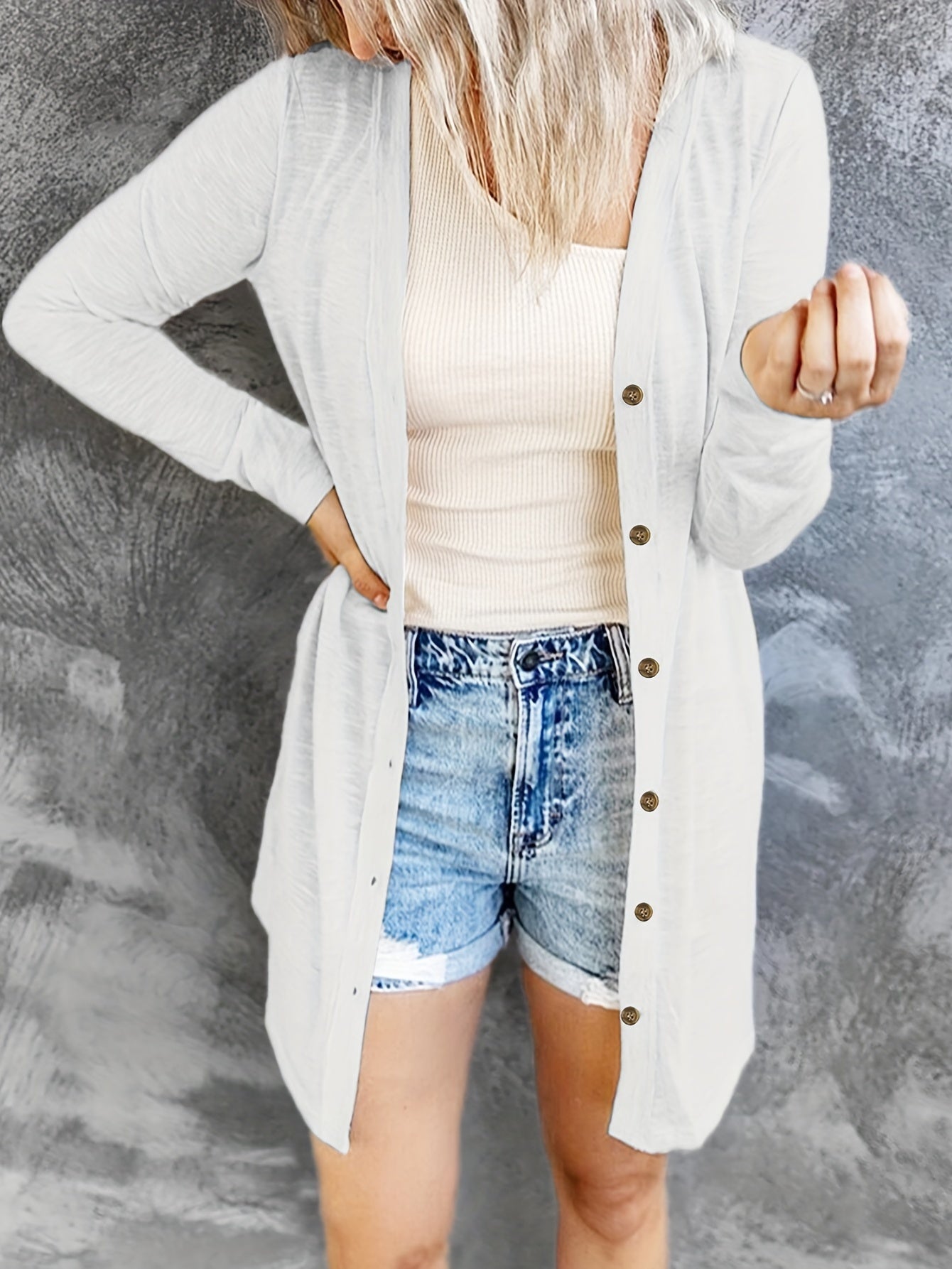  Solid Round Neck Button Up Cardigan