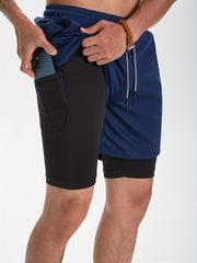 Men's 2-Layer Gym Running Shorts w/ Pockets Quick Dry Stretch Drawstring
