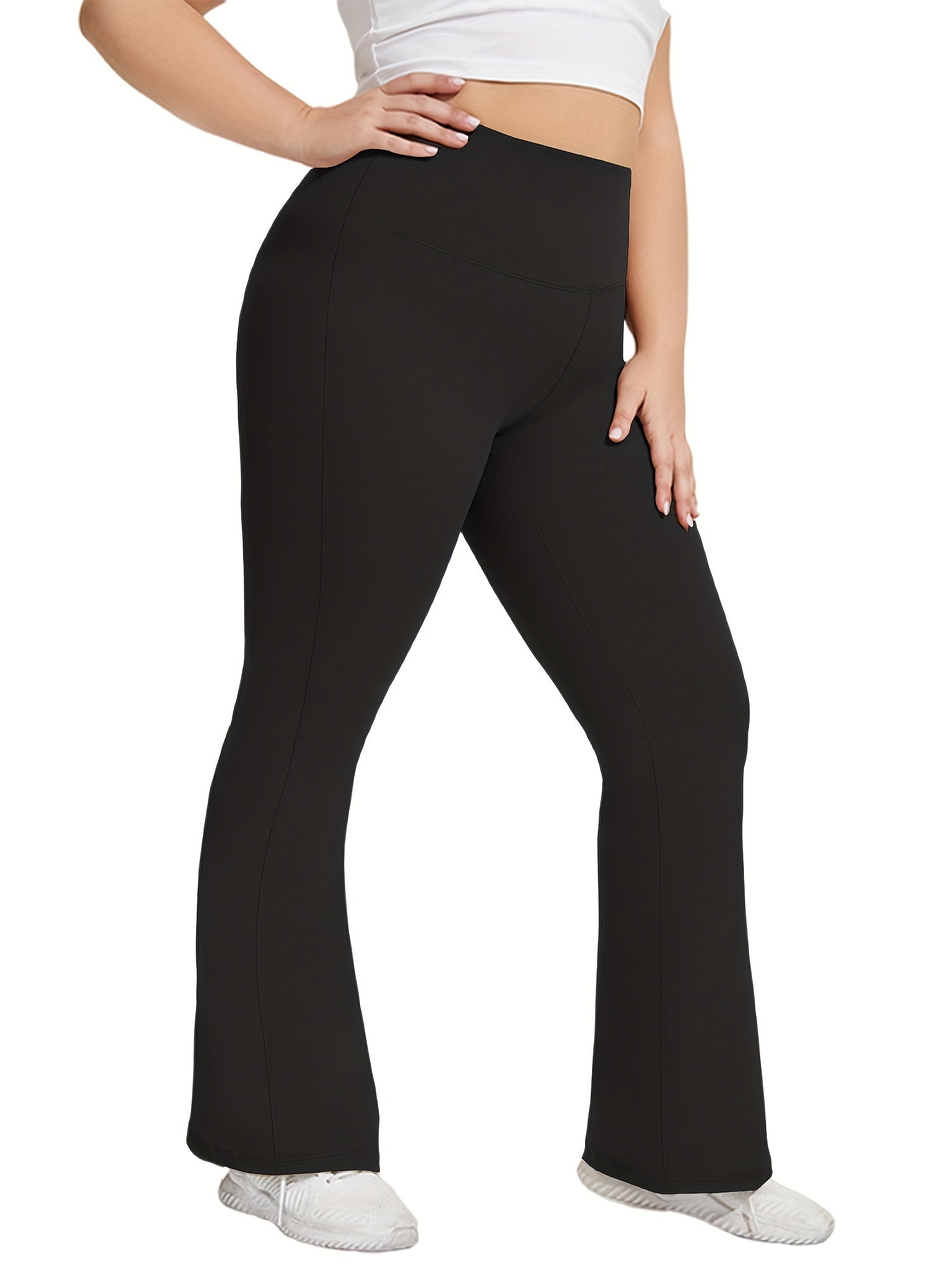  Solid High Rise Skinny Flared Leg Trousers
