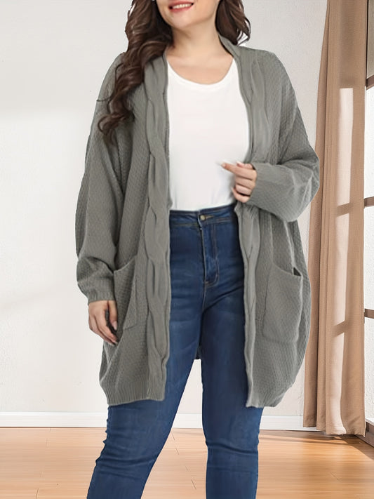  Cable Knit Open Front Long Sweater Cardigan with Pockets