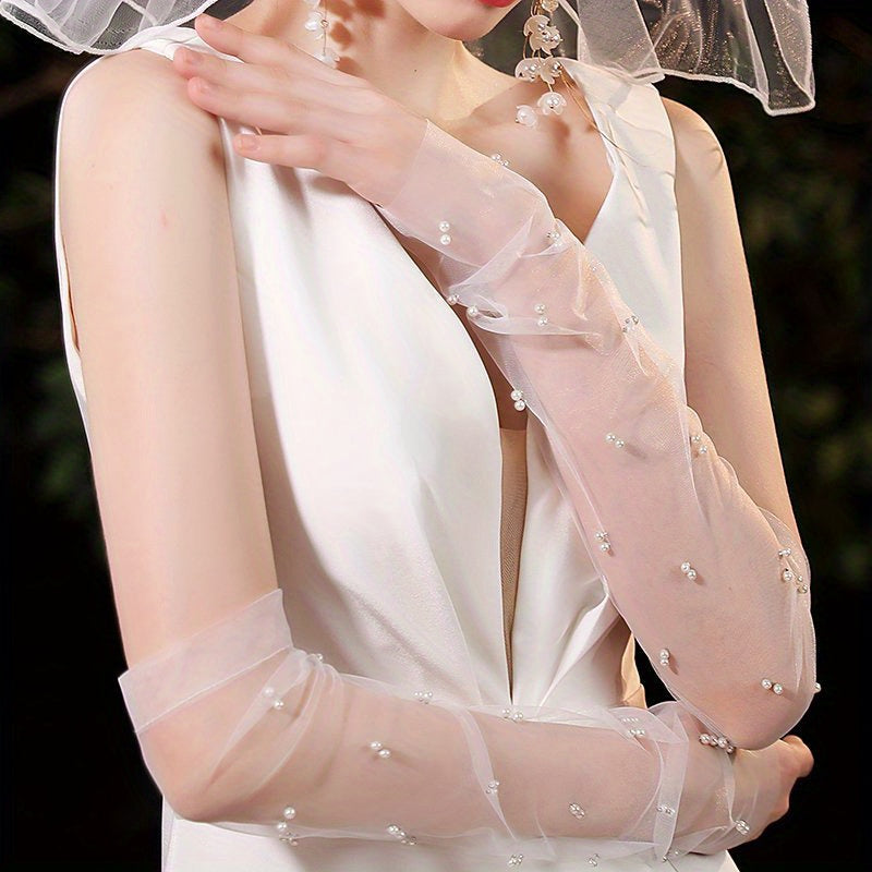 Bride's Long Sheer Veil with Pearl Arm Sleeves Wedding Accessory